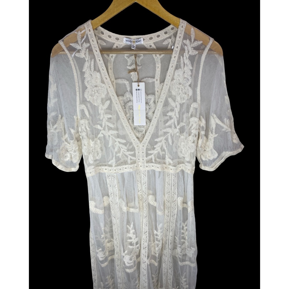 Woven Heart Ivory Floral Embroidered Sheer Mesh Maxi Dress Boho Duster Large - Picture 9 of 9